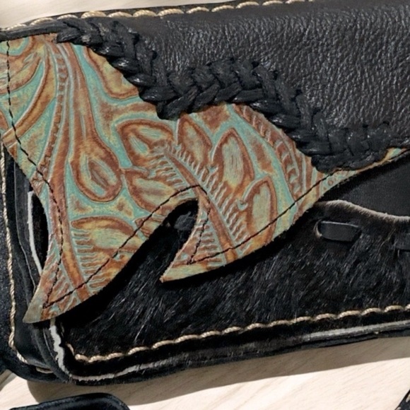 Leather Mini Bag Bohemian Crossbody Artisan Accent Size  6 x 4 x 2.5 - Picture 14 of 14